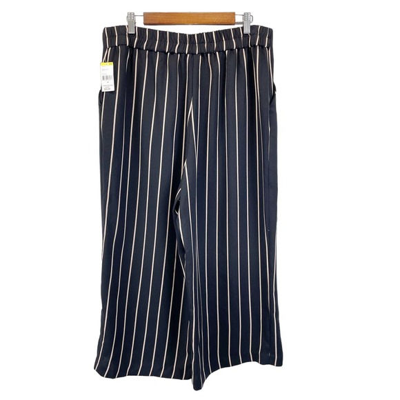 NEW Simply Emma Plus Size Gaucho Wide Leg Crop Pants Black Taupe Stripe Belted - Picture 3 of 10